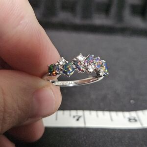 Bomb Party Lab Created Black Fire Opal, Rhodium Plating Size 9 Ring